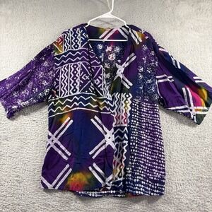 VTG Nusntara Asian Crafts Kimono Style Wrap Blouse Multi Color Rayon Akara M/L